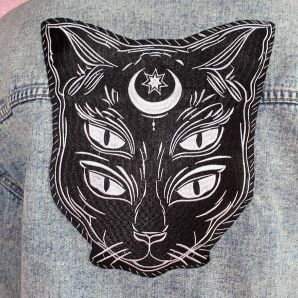 ⭐️Restocked! XXXL gorgeous huge horned cat head w dbl eyes IRON ON patch- - Picture 6 of 11